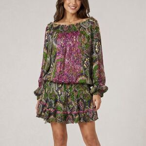 Miss June Paris Paisley Mirror Embroidered Mini Dress Green Pink Boho One Size